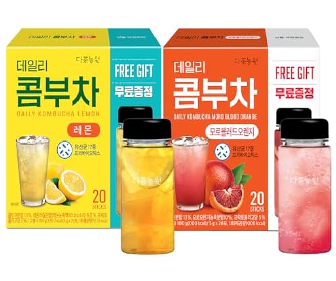 KAYFOOD Garden Daily Kombucha Tea Powdered Mix Lemon 20 Sticks + Mono Blood Orange 20 Sticks, 2 Reusuable Bottles, Probiotics & Prebiotics, Zero Sugar, Gut Healthy Fermented Drinks Korean Beverage 114909443