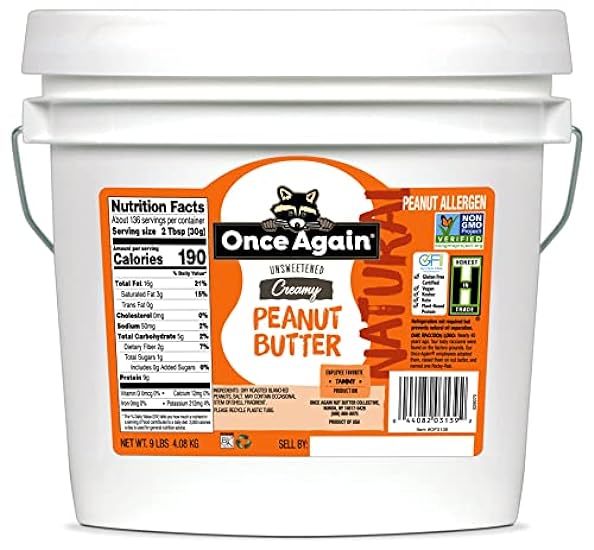 Once Again Natural, Creamy Peanut Butter, 9lb Bucket (same as 9 jars) - Lightly Salted, Unsweetened - Gluten Free Certified, Vegan, Kosher, Non-GMO Verified 250122862