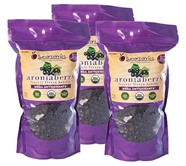 Superberries Organic Fresh-frozen Aroniaberries (Chokeberry), 6 pounds of Frozen Aroniaberries providing 90 servings. Full of Antioxidants and Natural Nutrients (3 Pack) 928766099