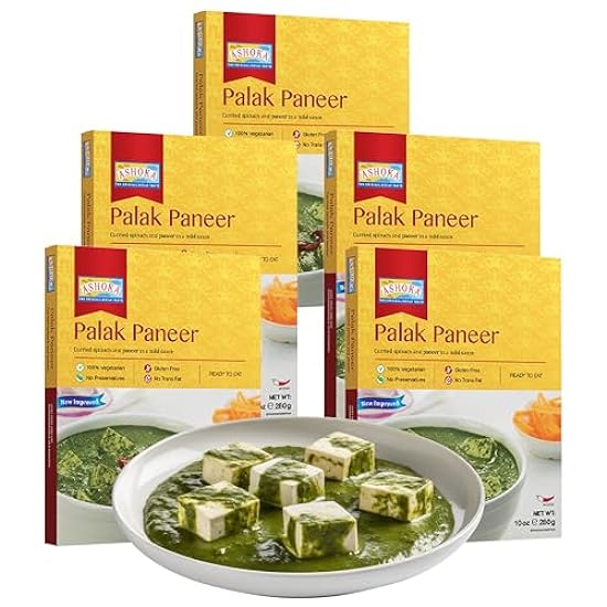 Ashoka Ready to Eat Indian Meals Since 1930, 100% Vegetarian Palak Paneer, All-Natural Traditionally Cooked Indian Food, Plant-Based, Gluten-Free and with No Preservatives, 10 Ounce (Pack of 5) 412785305