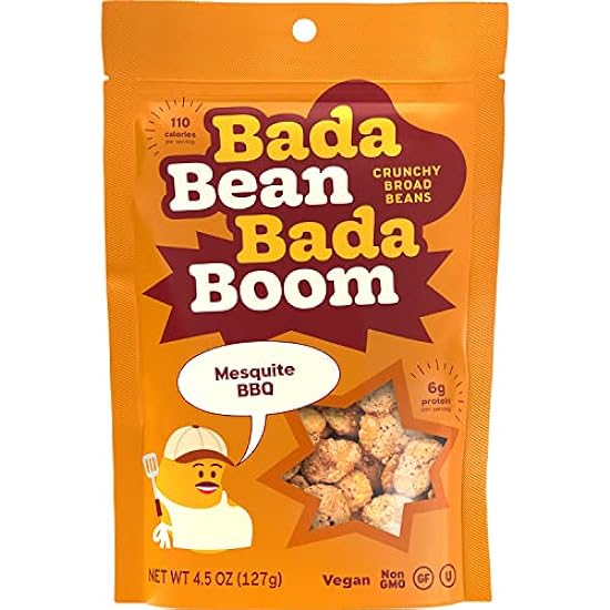 Bada Bean Bada Boom Plant-Based Protein, Gluten Free, Vegan, Crunchy Roasted Broad (Fava) Bean Snacks, 100 Calories per Serving, Mesquite BBQ, 4.5 Ounce (Pack of 6) 390708015